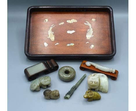 A Chinese Jade Carving together with various similar Chinese soapstone and a mother of pearl inlaid galleried tray 