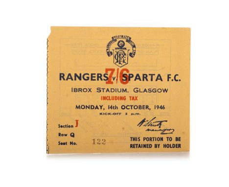 RANGERS F.C. VS. SPARTA F.C., TICKET, 14TH OCTOBER 1946 section J row Q seat no. 122