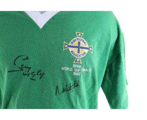 NORMAN WHITESIDE AND SAMMY McILROY OF NORTHERN IRELAND, SIGNED INTERNATIONAL JERSEY, loose, embroidered SPAIN WORLD CUP FINAL