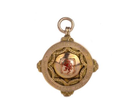 ARCHIE MCAULEY OF RANGERS F.C., GLASGOW CUP GOLD MEDAL, 1936/37 the obverse with central red enamel lion rampant, the border 