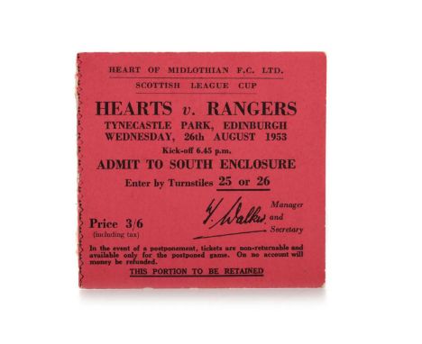 HEART OF MIDLOTHIAN F.C. VS. RANGERS F.C., SCOTTISH LEAGUE CUP TICKET, 26TH AUGUST 1953 turnstile 25 or 26