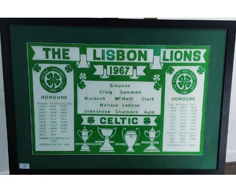 CELTIC F.C., EUROPEAN CUP WINNERS COMMEMORATIVE TEA TOWEL, 1967 detailing past honours, and the team, mounted, framed and und