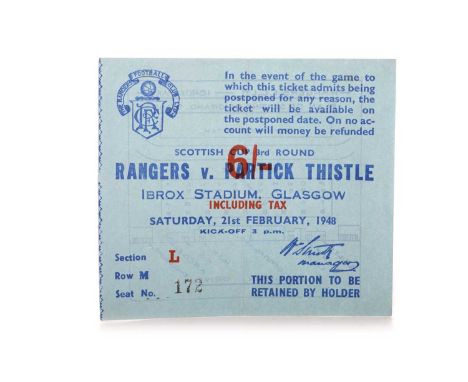 RANGERS F.C. VS. PARTICK THISTLE F.C., SCOTTISH CUP 3RD ROUND TICKET, 21ST FEBRUARY 1948 section L row M seat no. 172