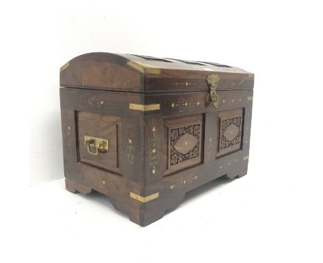 Eastern brass inlaid hardwood dome top trunk, hinged lid, W60cm, H45cm, D38cm - Condition Report 