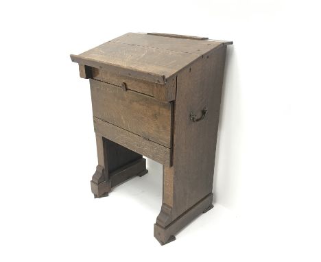 Vintage oak school desk, hinged lid, single fall front, solid end supports, W54cm, H80cm, D41cm - Condition Report 