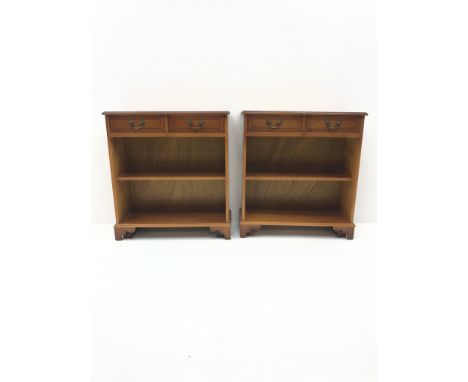 Pair inlaid yew wood open bookcases, two drawers above single shelf,  shaped bracket supports, W76cm, H83cm, D30cm - Conditio