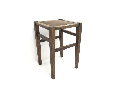 Arts and crafts oak stool, leather upholstered seat, square tapering supports, W32cm, H46cm, D32cm - Condition Report 