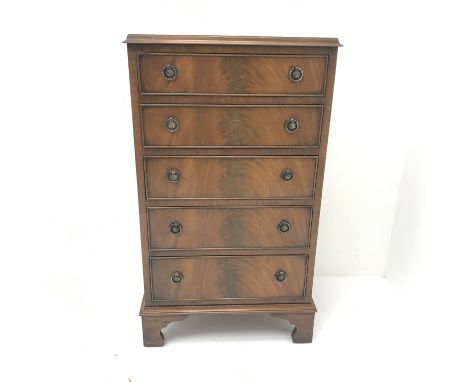 Regency style mahogany bow front chest, five graduating drawers, bracket shaped supports, W54cm, H93cm, D42c - Condition Repo