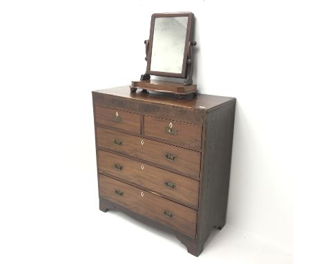  Early 19th century inlaid mahogany chest, two short and three long drawers, shaped bracket supports (W101cm, H108cm, D48cm) 