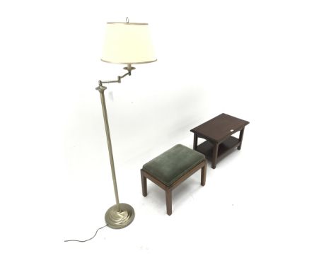 Brushed brass finish adjustable standard lamp (H154cm) a mahogany side table and a stool (3) - Condition Report 