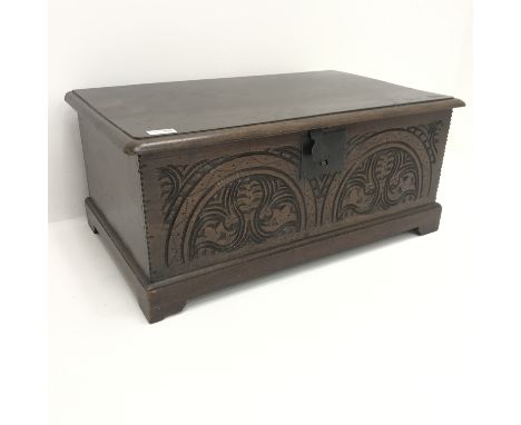 19th century oak bible box, hinged lid, carved front panel, shaped bracket supports, W69cm, H30cm, D41cm - Condition Report 