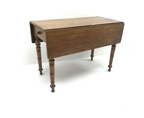 Early 20th century satin walnut Pembroke drop leaf table, ring turned supports, brass capped feet, W103cm, H71cm, D97cm - Con