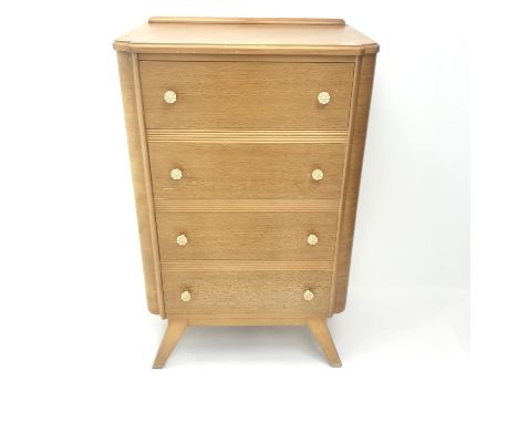 Vintage light oak chest, four drawers, outs played tapering supports (W72cm, H119cm, D49cm and matching bedside cabinet, sing