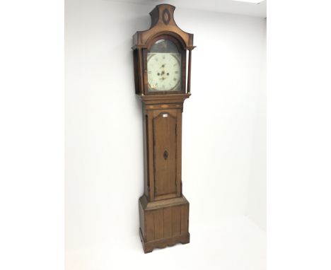 Early 19th century longcase clock, oak cased with mahogany and rosewood banding, eight day movement with enamel dial painted 