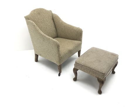 Edwardian armchair upholstered in a beige patterned fabric, square tapering supports (W64cm) and a stool upholstered in match