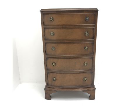 Regency style mahogany bow front chest, five graduating drawers, bracket shaped supports, W54cm, H93cm, D42cm - Condition Rep