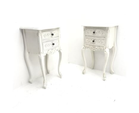 Pair French style two drawer bedside lamp chests, shaped top, two drawers, shell carved cabriole legs, W42cm, H75cm, D32cm - 