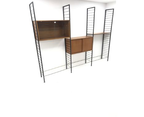 Staples Ladderax three bay sectional wall unit, two teak units comprising of solid and glazed sliding door cabinet, single sh