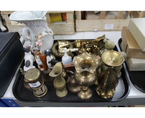 A tray of brass ornaments, miniature lamp, dog figures etc 