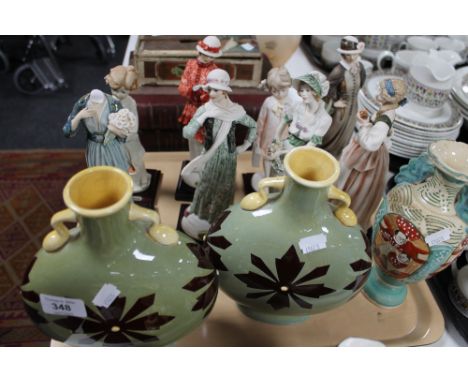 A tray of Armani decorative lady figures on stands together with a pair of ceramic vases and Japanese vase 