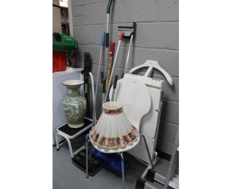 A quantity of garden tools, ceramic vase, Ikea chair, Corby trouser press 
