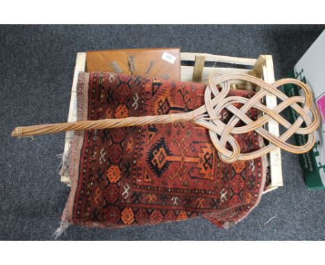 Two eastern rugs together with a carpet beater and a contemporary wall clock with pendulum and weights 