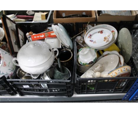 Two boxes of ceramic kitchen ware, ornaments, tureen and cover 
