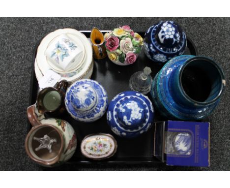 Three blue and white ginger jars, copper lustre jug, china posy, plates, vase, Ringtons caddy (boxed), etc.  (Q) 