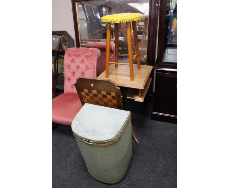 A mahogany stand together with chess topped table, stool and linen basket 