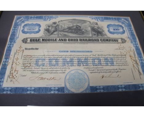 Two framed share certificates - The Gulf Mobile and Ohio railroad company and a further 19th century certificate 