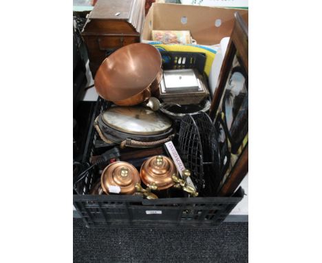 A crate of butterfly tray, copper flagons, cutlery, oak barometer etc