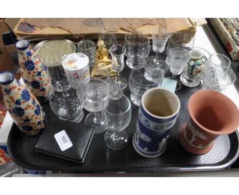 A tray of glass, pair of ceramic vases, Wedgwood etc 