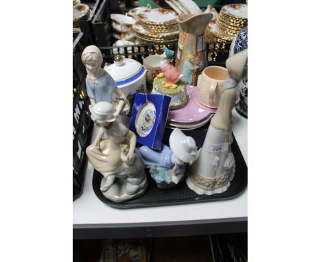 A tray of Spanish figures, Ringtons caddy, Maling ware etc