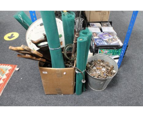 A quantity of tools, tin bucket containing metal ware, saws etc