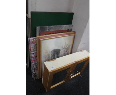 A bathroom cabinet, folding card table and pictures 