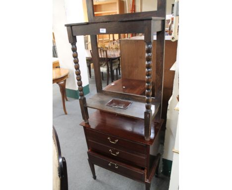 A mahogany three drawer chest and an oak stick stand. 