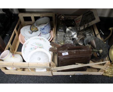 Two crates of silver plated wares, ceramics, Poole pottery vase, compass set, copper vase, bellows etc 