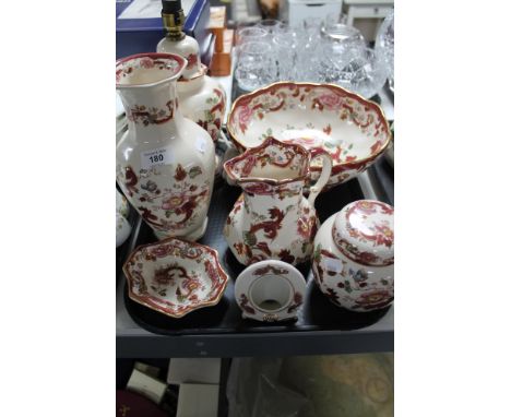 A tray of Masons Mandalay red china including table lamp, bowl etc 