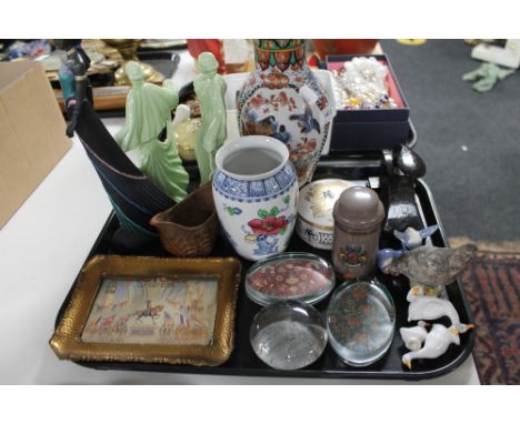 A tray of metal stamper, paperweights, ceramic figures etc 
