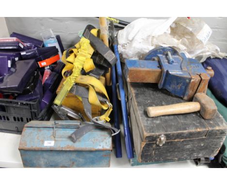 A large quantity of tools, ratchet straps, bolt cutter, hinges, clamps etc 