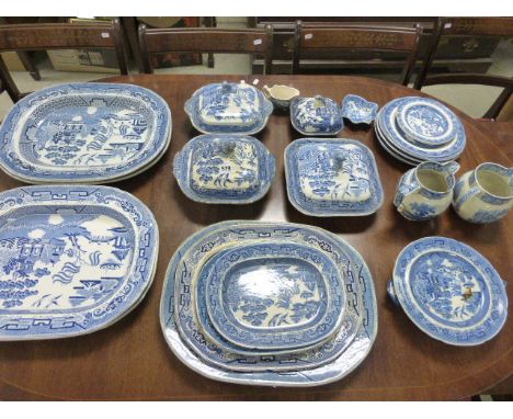 Collection of Mainly 19th century Blue and White Willow Patterned Ceramics including Six Large Meat Plates, Three Small Meat 