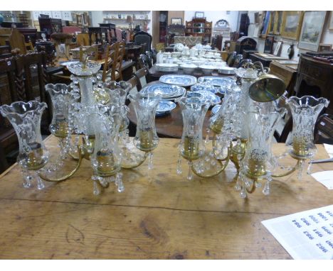 Pair of Gilt Five Branch Central Light Fittings each with Crystal Drops and Etched Glass Light Shades