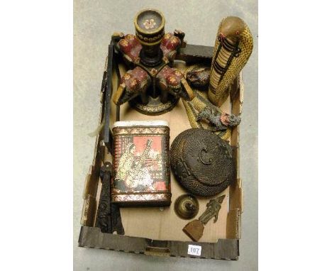 Snake Charm Basket, Wooden Painted Cobra, Wooden Painted Elephant Candlestick, Door Knocker, Indian Scene Advertising Tin and