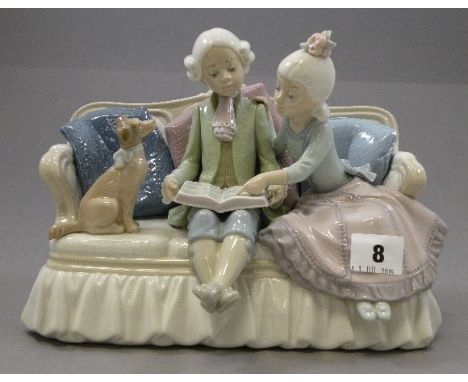 Large Lladro Figure Group of Boy and Girl reading book with dog sat on a settee