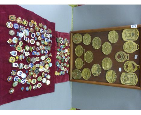 Two Cloths with Large Quantity of Enamel Bowling Badges together with a Display of Brass Vintage Rally Plaques