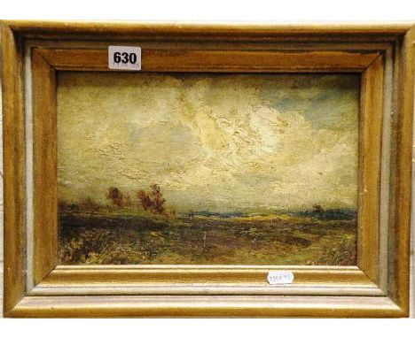 Gilt Framed Oil on Board, Stormy Moorland Scene signed on back of board R. Taylor
