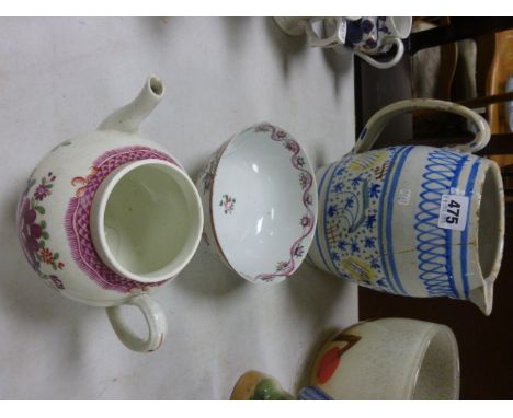 Early 19th century Pearlware Jug, 18th century Teapot (no lid) and Bowl probably Lowestoft (a/f)
