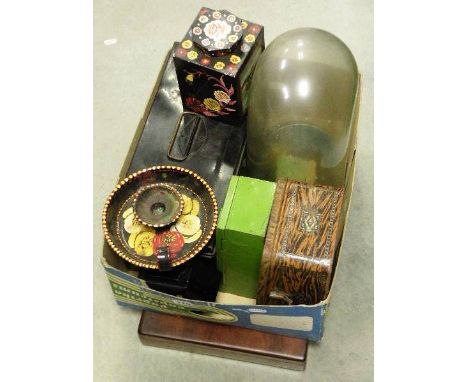 Glass Dome, Victorian Cash Tin, another Cash Tin, Tin Lunch Box, Lacquered Box, Bargeware Style Tea Caddy, Bargeware Chambers
