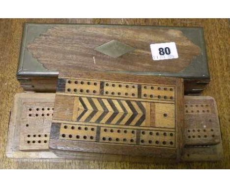 Wooden Cribbage Board Box, Two Other Cribbage Boards and a Brass Mounted Box