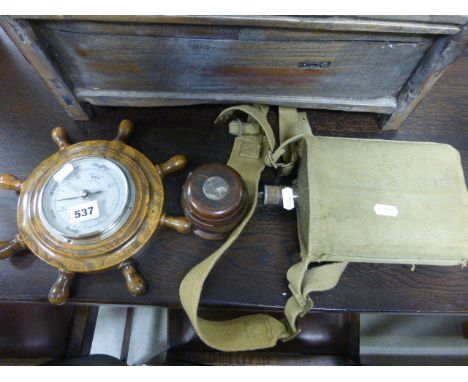 Teak Money Box made from the wood of H.M.S. Ganges, Ships Wheel Cased Barometer and a WW2 Canvas Cased Water Holder